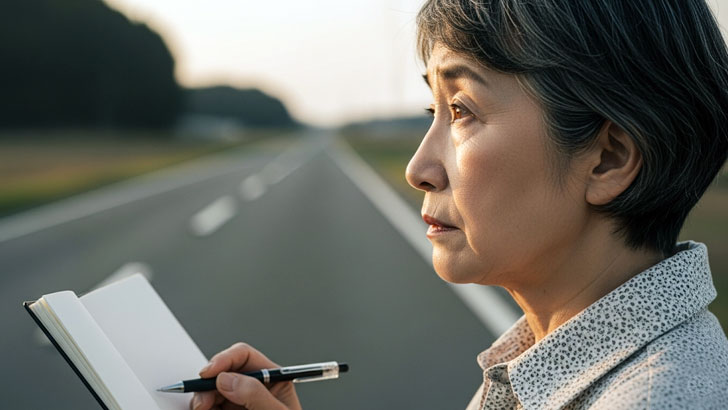 将来への不安と、これから「自分自身の介護」について考え始める決意を表す、遠くを見つめるシニアと白いノートのイメージ