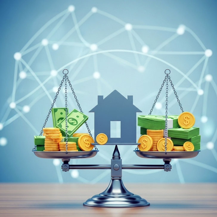老後のための経済的な準備（お金のアイコン）と住まいの確保（家のシルエット）のバランスを表すイメージ
