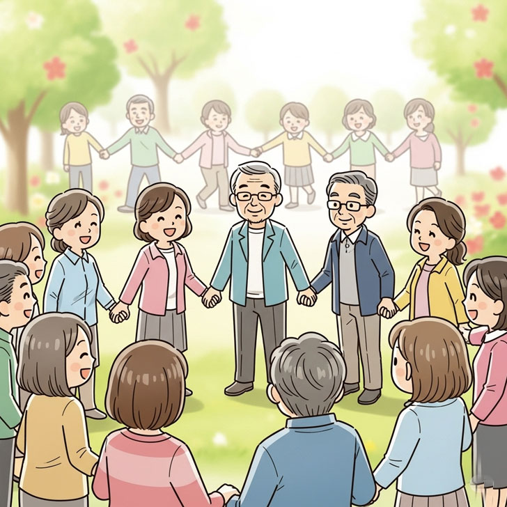 地域とのつながりを通じて、笑顔で心豊かに暮らす人々を象徴するイラスト