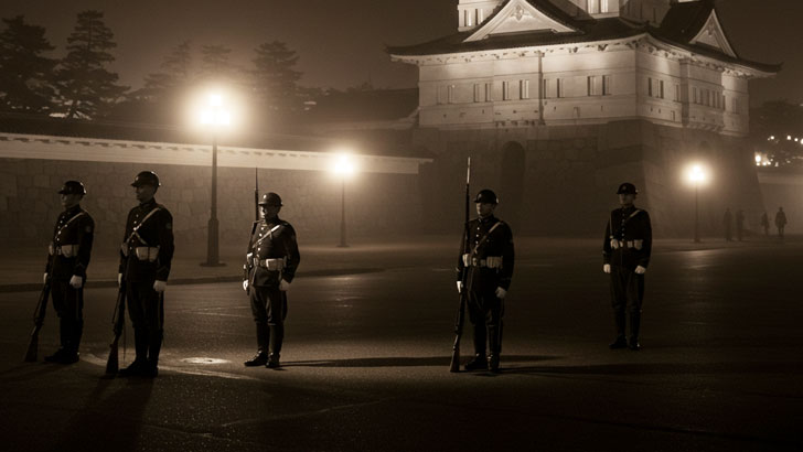 セピア色の写真。夜の皇居周辺。銃を持った兵士たちが緊張した面持ちで警戒にあたっている。静寂と緊迫感が漂う。