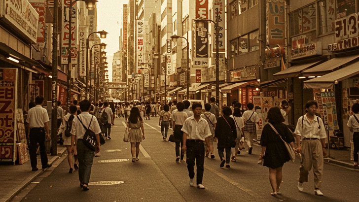 セピアカラーの写真。1980年代後半の日本の象徴的な風景。高層ビル群と活気のある街並み、そして当時の流行のファッションに身を包んだ人々の群れ。少しノスタルジックな雰囲気。