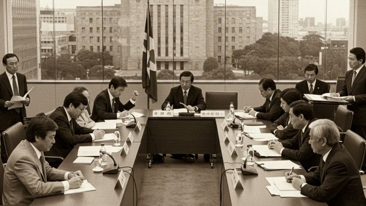 セピアカラーの写真。1980年代の国際会議場の様子。各国の代表者がテーブルを囲んで話し合っている。背景には日本銀行の建物が小さく見える。