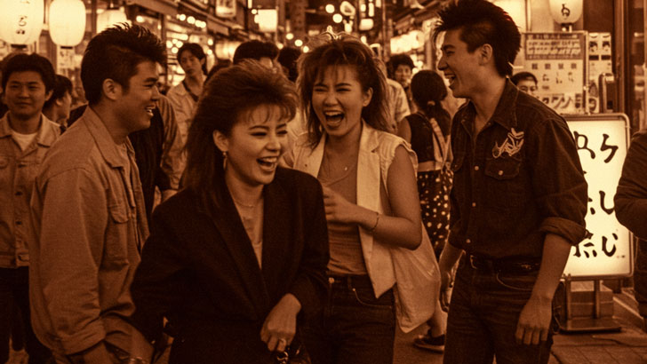 セピアカラーの写真。1980年代後半の日本のナイトライフ。ネオンサインが輝く繁華街で、楽しそうに笑い合う若者たちのグループ。