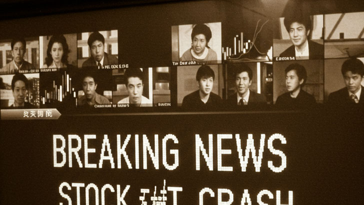 セピアカラーの写真。1990年代初頭のニュース番組の画面を模したイメージ。株価暴落を伝える速報テロップが流れ、人々の表情は暗い。