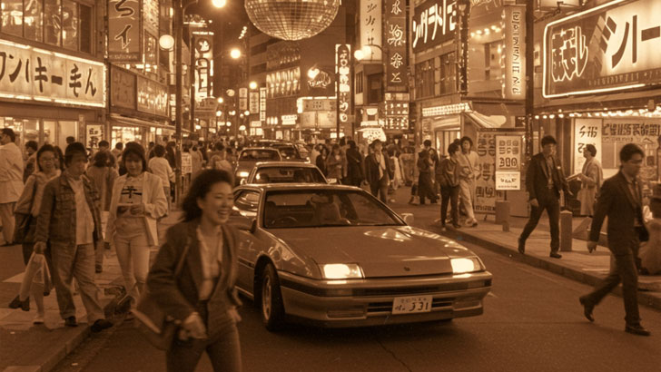 セピアカラーの写真。1980年代後半の日本のナイトライフ。ネオンサインが輝く繁華街で、楽しそうに笑い合う若者たちのグループ。