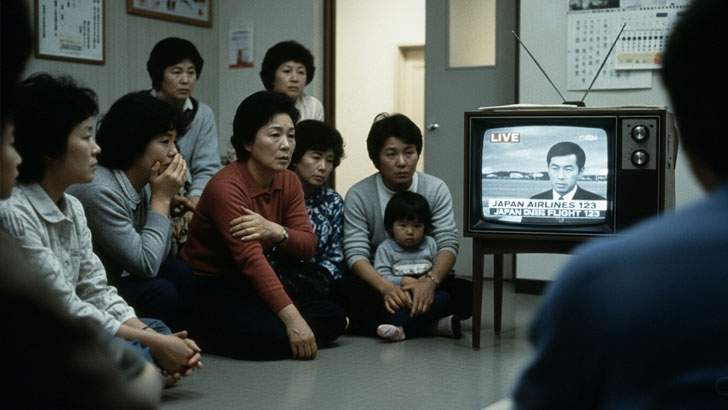 1985年のビンテージ風の報道写真。空港やコミュニティセンターに集まった家族が、日本航空123便墜落事故の生中継ニュースを見ている様子