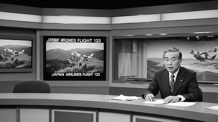 1985年の白黒写真。厳粛な雰囲気のニューススタジオで、日本航空123便墜落事故の最新情報を伝える記者が映し出されている。記者の背後のスクリーンには、山岳地帯での捜索救助活動の様子が映し出されている。