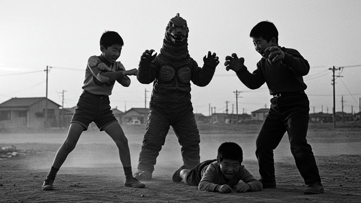 夕暮れの空き地でウルトラマンごっこに熱中する昭和の子供たち