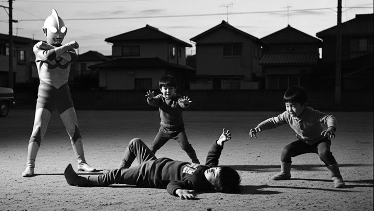 1960年代、夕暮れの埃っぽい空き地で「ウルトラマンごっこ」をする子供たちの姿。
