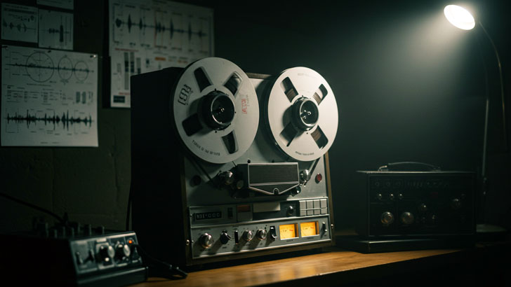 昭和の音響スタジオにあるオープンリールデッキと音響機材