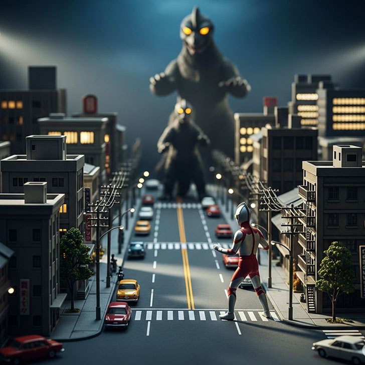 昭和の特撮で使われたミニチュアの街並みで巨大怪獣を迎え撃つウルトラマン